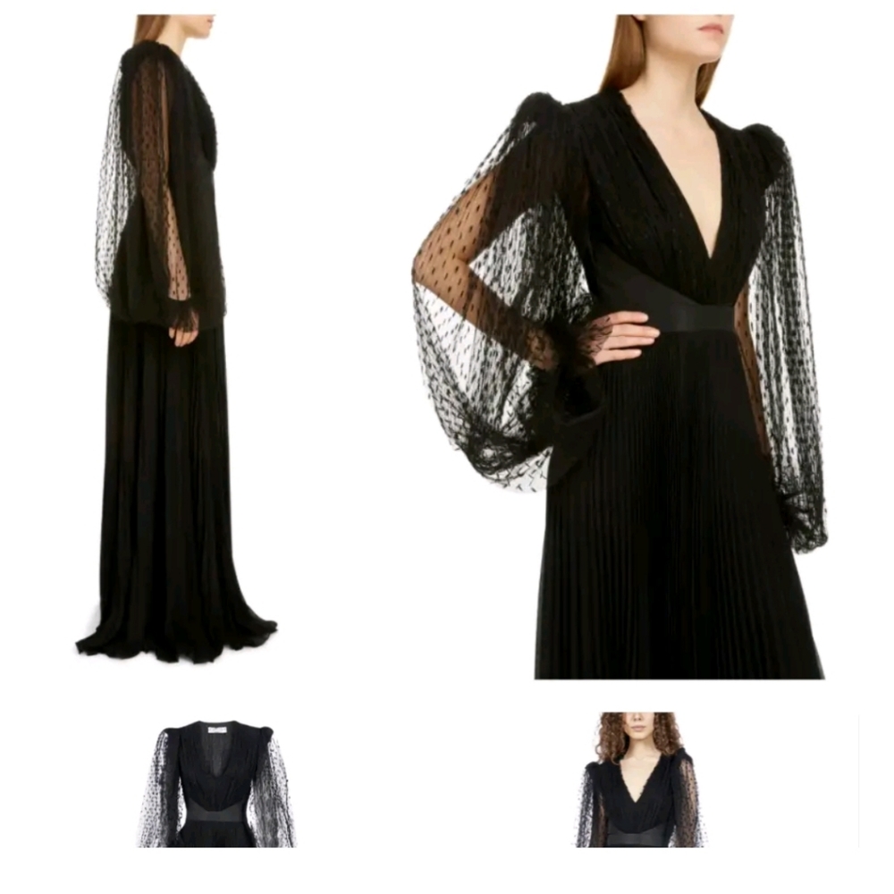 GIVENCHY Black Plumetis Billowy Sheer Long Sleeve Pleated V-Neck Gown 6 US 38 IT - Picture 2 of 5